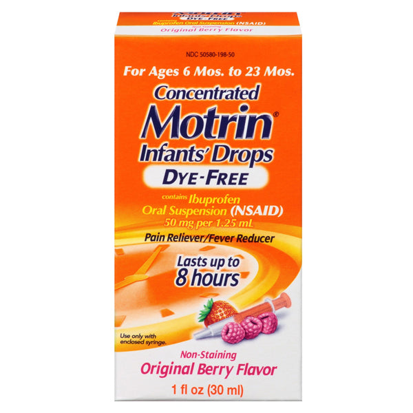 Johnson & Johnson Motrin Concentrated Pain Reliever/Fever Reducer Infant Drops, Dye-Free, Berry Flavor, 1 oz