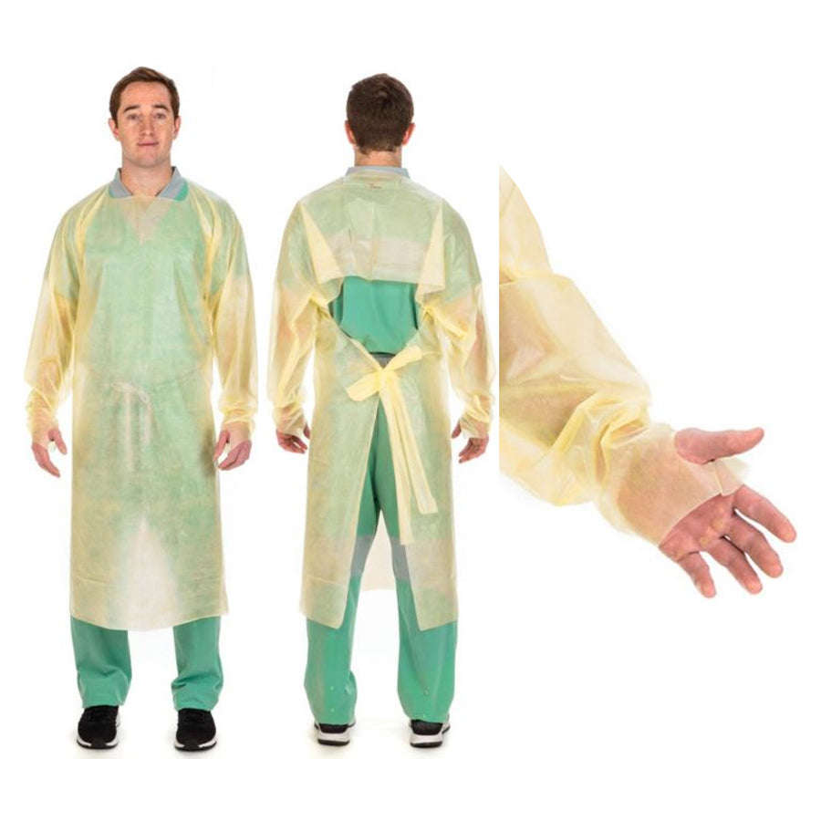 Cardinal Health Protective Gown, Universal, Poly-Coated, Open-Back, Over-the-Head, Yellow