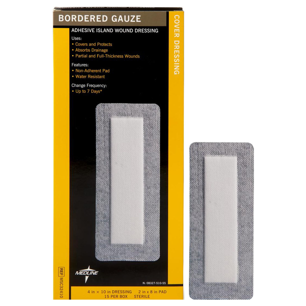 Medline Bordered Gauze Adhesive Island Wound Dressing, 4" x 10"