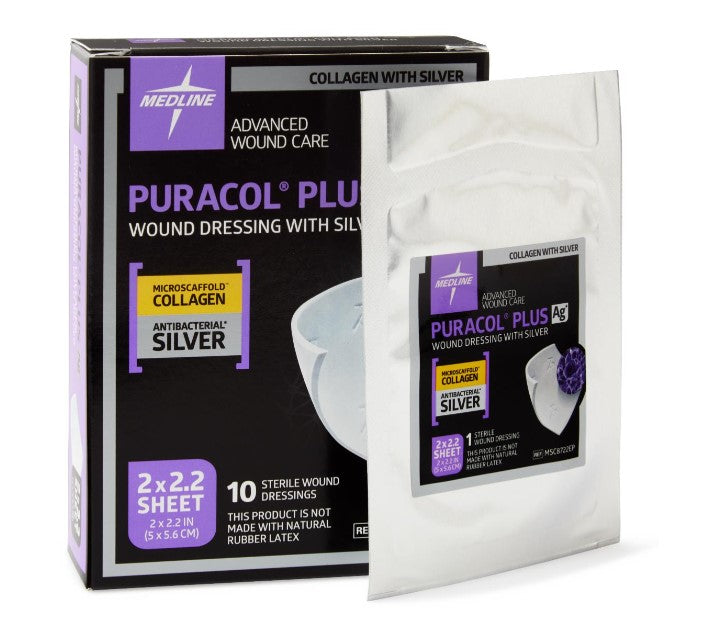 Medline Puracol Plus Ag Collagen Wound Dressing with Antimicrobial Silver, Latex Free 2" x 2-2/9"