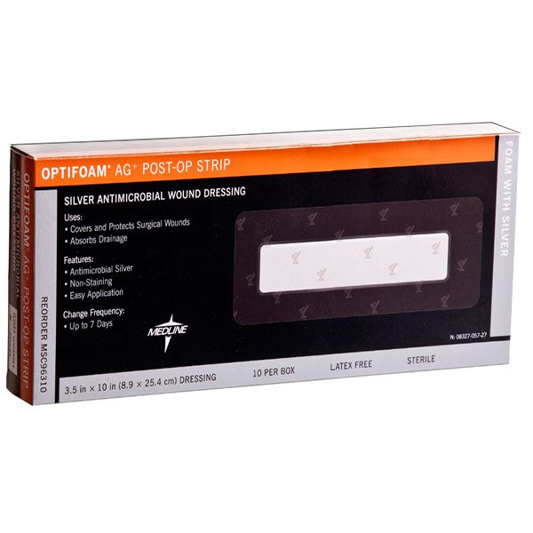Medline Optifoam Ag+ Foam Dressing, Antimicrobial Post-Operative Strip, 3.5" x 10" with 1.5" x 8'' Pad