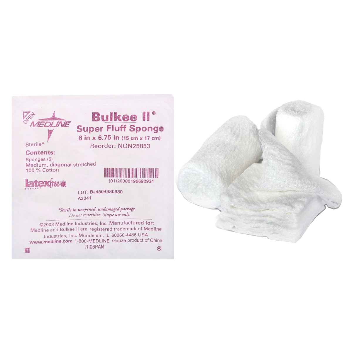 Medline Bulkee II Super Fluff Sponge, Extra Absorbent, Cotton, 6'' x 6.75''