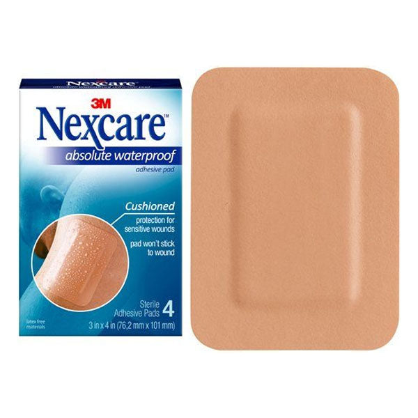 3M Nexcare Absolute Waterproof Adhesive Pad, 3" x 4", Tan, 4 Count