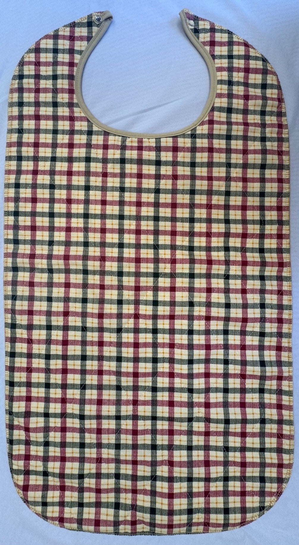 Beck's Classic Reusable Quilted Bib with Snap Closure and Tan Vinyl Barrier, Cotton/Polyester, Beige Plaid, 18" x 34"