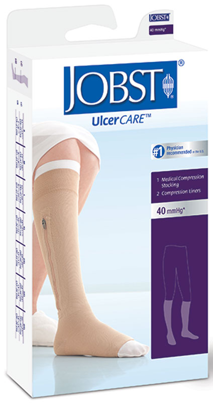 BSN Jobst Unisex UlcerCare Zippered Knee High Compression Stockings with 2 Liners, Open Toe, Right Closure, Large, Beige