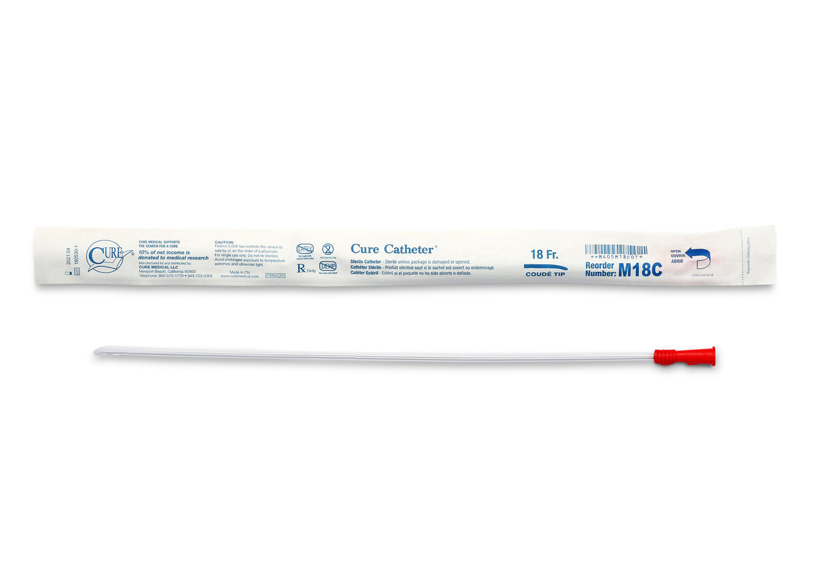 Cure Catheter Uncoated, Single – Male, 16” Coude Tip, 18 FR