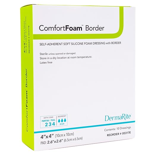 Dermarite ComfortFoam Border Foam Wound Dressing with Soft Silicone Adhesive, 4" x 4"