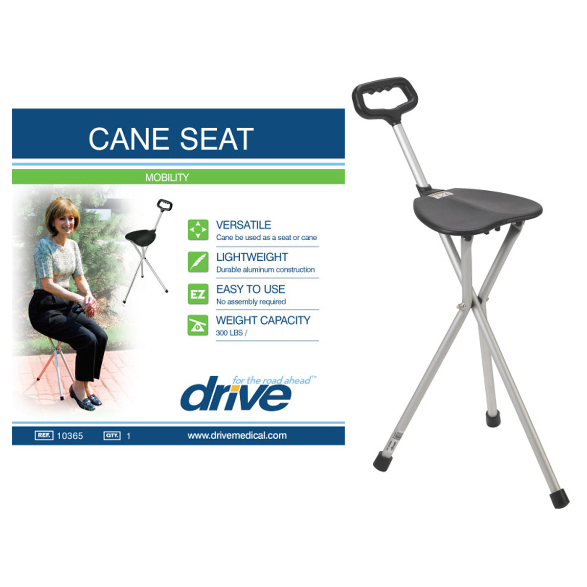 Drive Adjustable Height Cane Seat, 34'' to 38'' Cane, 19'' to 22'' Seat, 9'' OD, 250 lb Capacity
