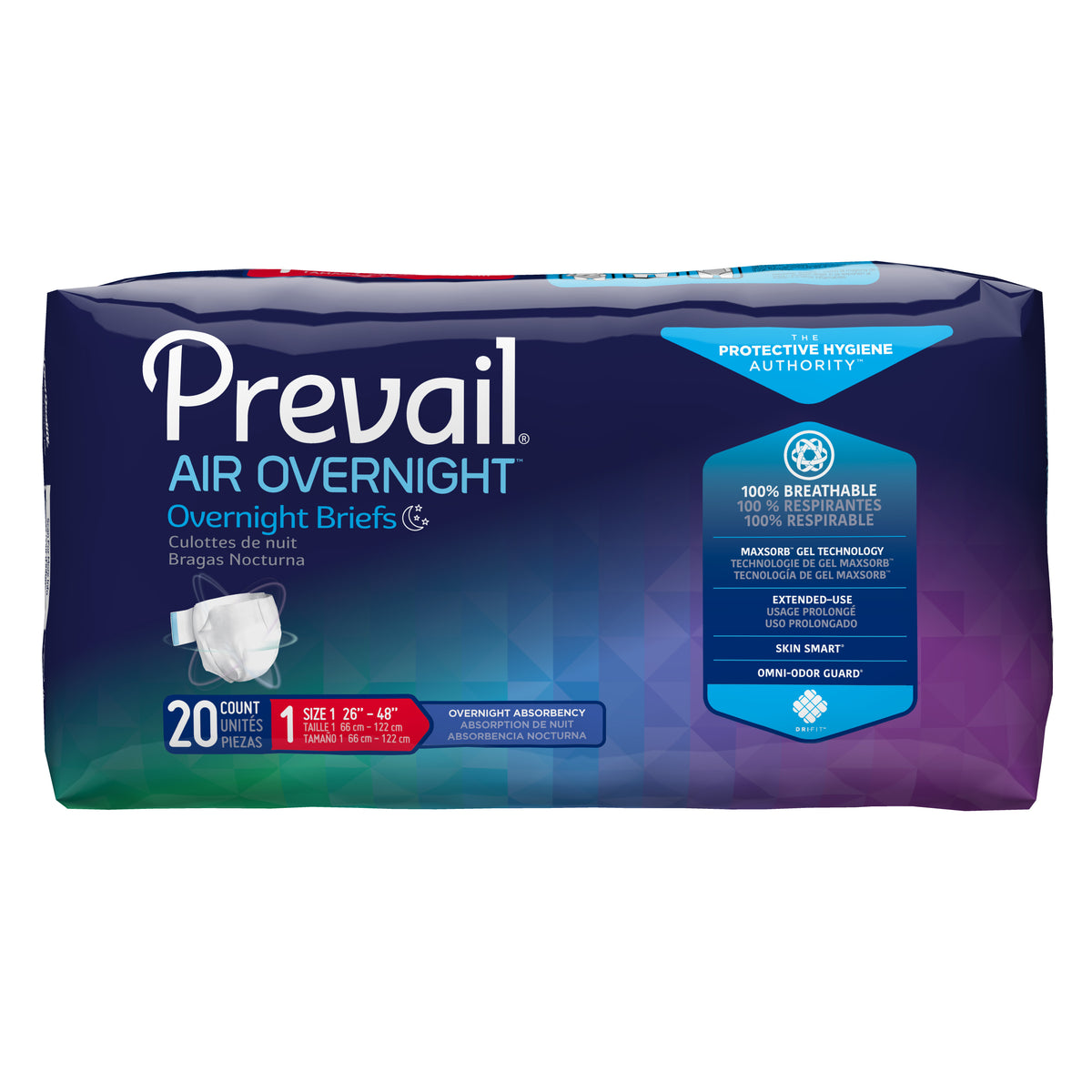 Prevail Air Overnight Briefs, Size 1/Medium - 26" - 48"