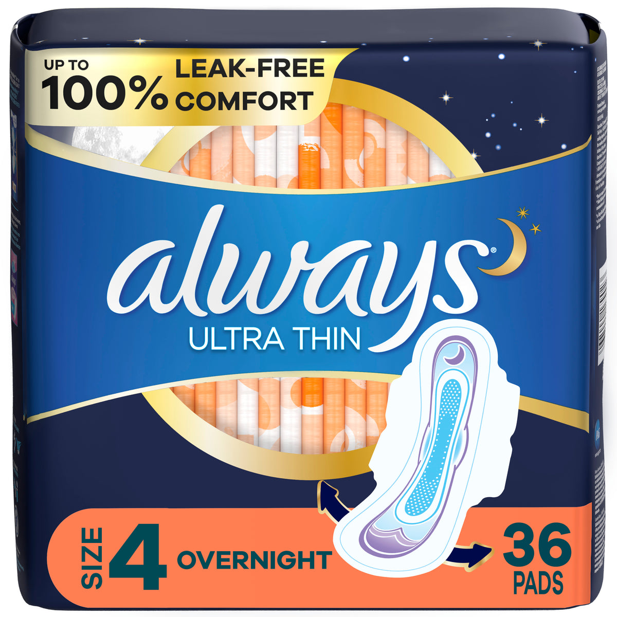 Always Ultra Thin Pads Overnight Absorbency Unscented with Wings, Size 4, 36 ct