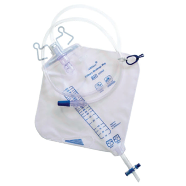 Amsino AMSure Urinary Drainage Bag with Anti-reflux Flutter Valve 2000mL Diamond Shape Large, Sterile, Latex-free Straps