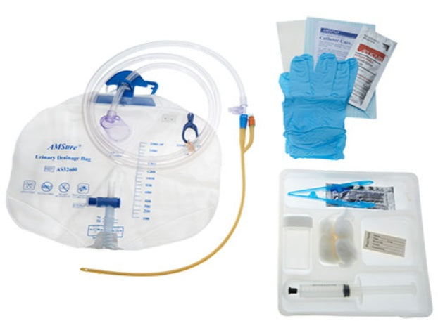AMSure Foley Tray Bag, Preconnected Silicone Coated, 14Fr, 5 cc, 2000mL Bag, 10cc Syringe, Sterile