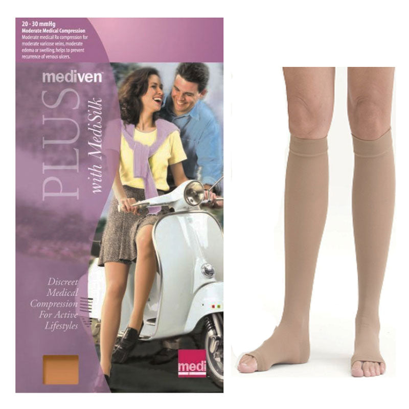 Mediven Plus Knee High Compression Stockings with Silicone Top Band Size 4, Petite, 30 to 40mm Hg Compression, Open Toe, Unisex, Latex-free