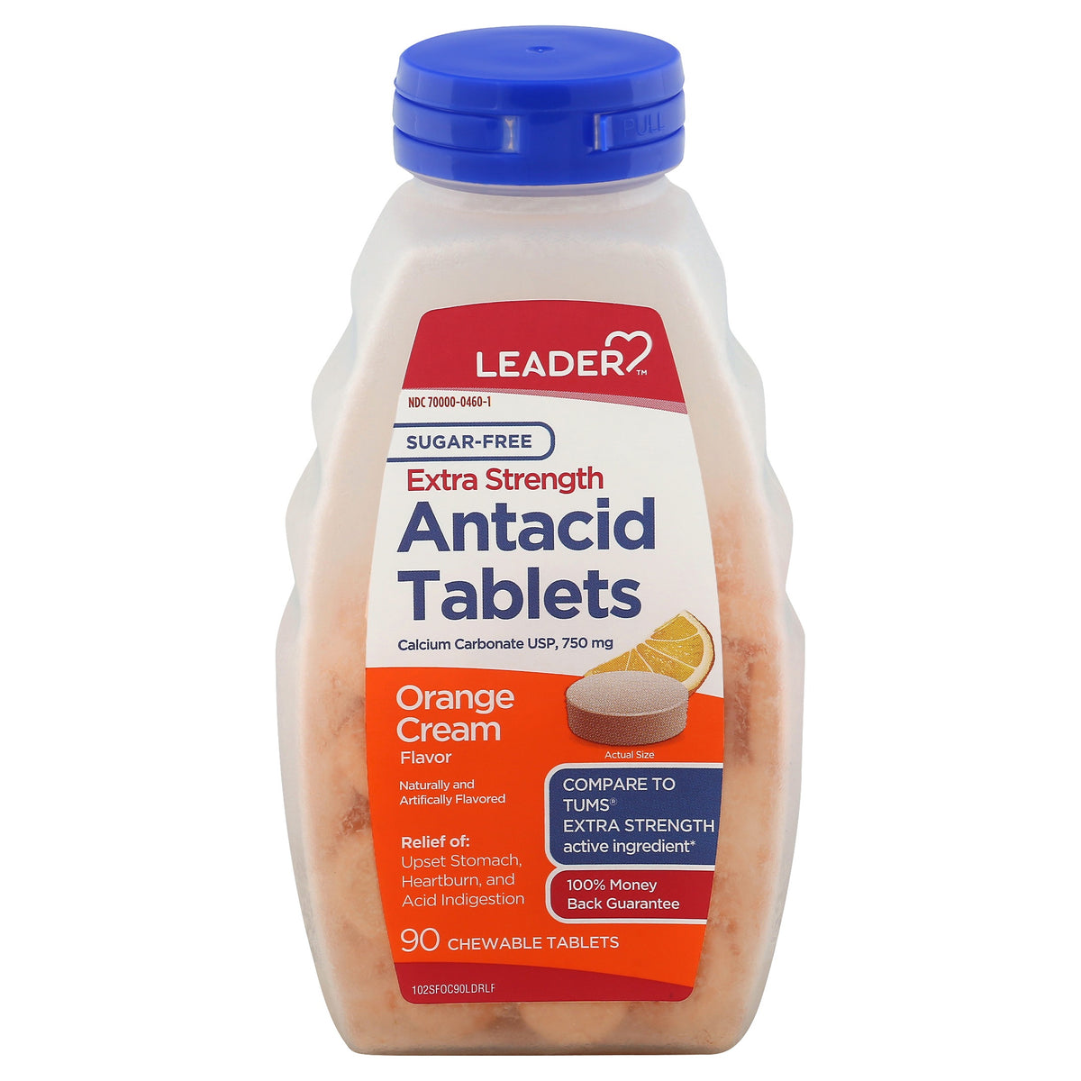Leader Extra Strength Antacid, 750Mg Chewable Tablets, Orange Cream, Sugar Free, 90 ct (Compare To Tums Extra Strength)