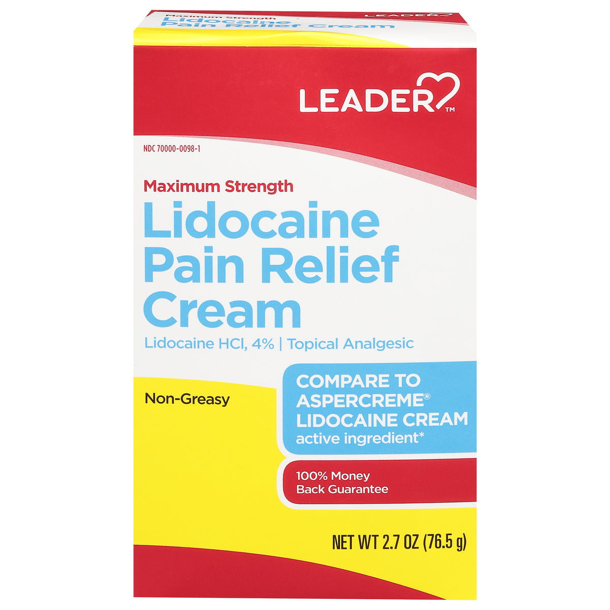 Leader Maximum Strength Pain Relief, Lidocaine 4% Cream, 2.7 oz