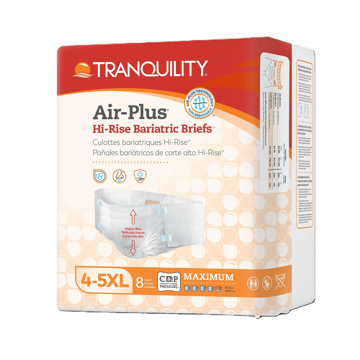 Tranquility AIR-Plus Bariatric Disposable Briefs, 34 oz Fluid Capacity, (70" - 106")