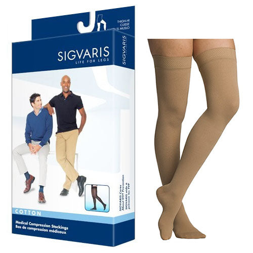 Sigvaris Cotton Comfort Compression Stocking, Thigh-High, 20 to 30mmHg, Large, Long, Male, with Grip-Top, Crispa