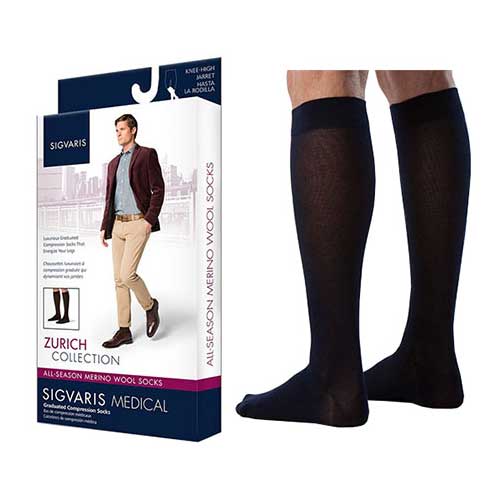 Sigvaris All Season Merino Wool Compression Socks, Closed Toe, 20 to 30 mmHg, Medium, Long, Navy