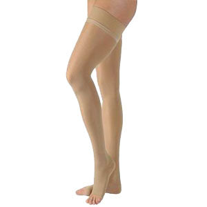 Sigvaris Natural Rubber Thigh-High Compression Stockings with Grip-Top, Beige, Open Toe, Medium Long, 30 to 40 mmHg Compression