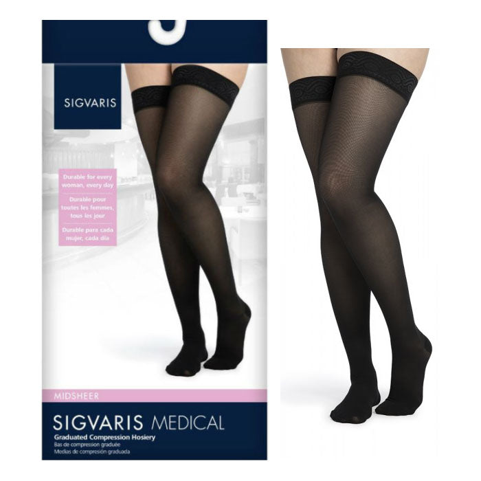 Sigvaris Midsheer Compression Stocking, 20 to 30mmHg, Thigh-High, with Grip-Top, for Women, Closed Toe, Small, Long, Black