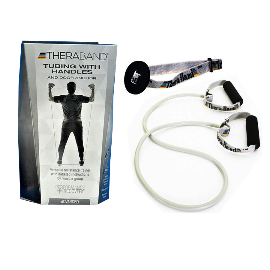 Hygenic TheraBand Exercise Tubing, with Soft Handles and Door Anchor, Super Heavy, Advanced Level Two, 120cm, Silver