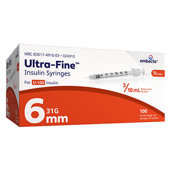 Ultra-Fine Insulin Syringe with Half-Unit Scale 3/10cc Volume, 31G x 6mm