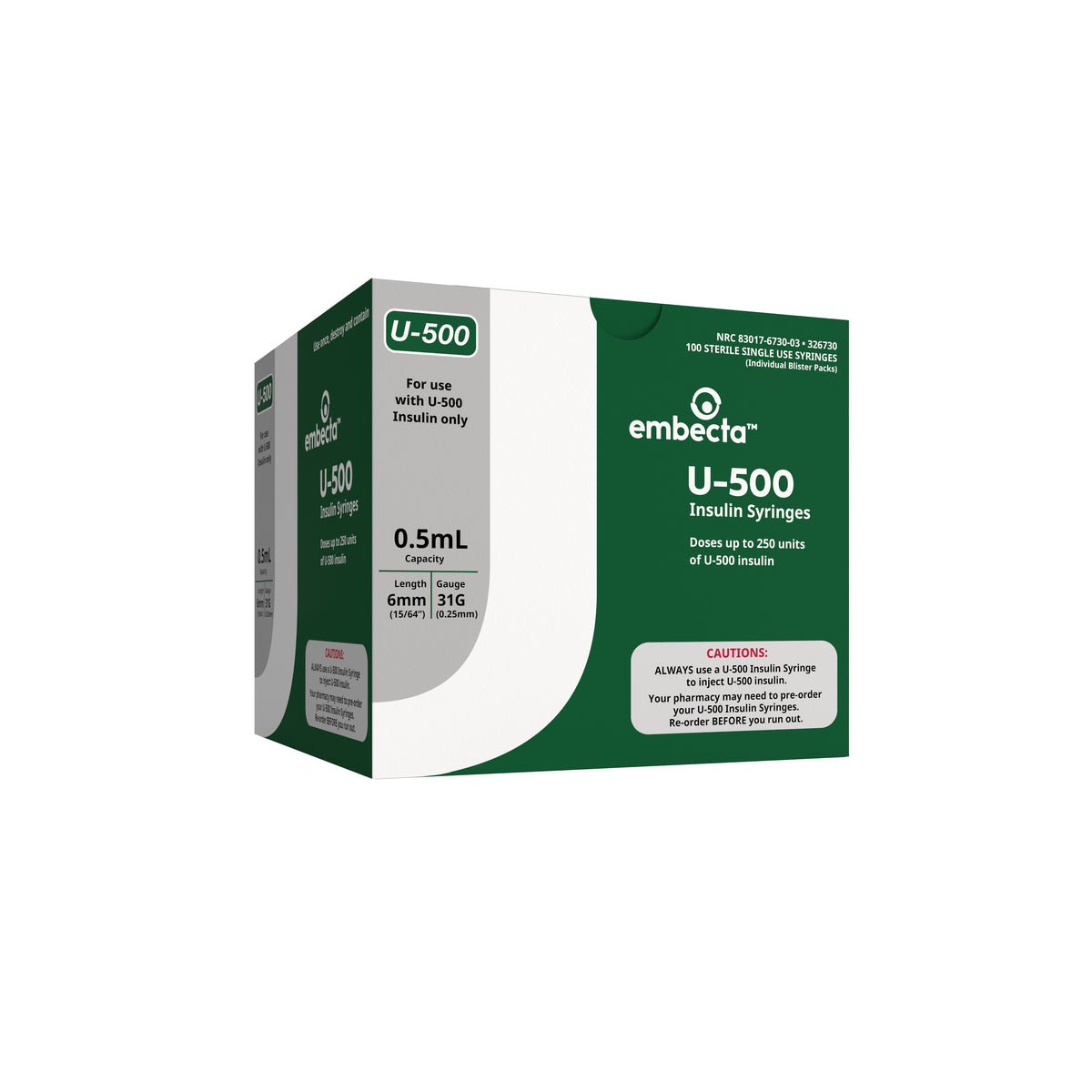 Ultra-Fine U-500 Insulin Syringe, 31GA OD x 6mm, 1/2mL Capacity (100 Count)