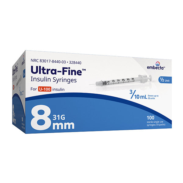 Ultra-Fine II U-100 Insulin Syringe 31G x 8mm Needle Length with 1/2 unit markings, 3/10cc Volume