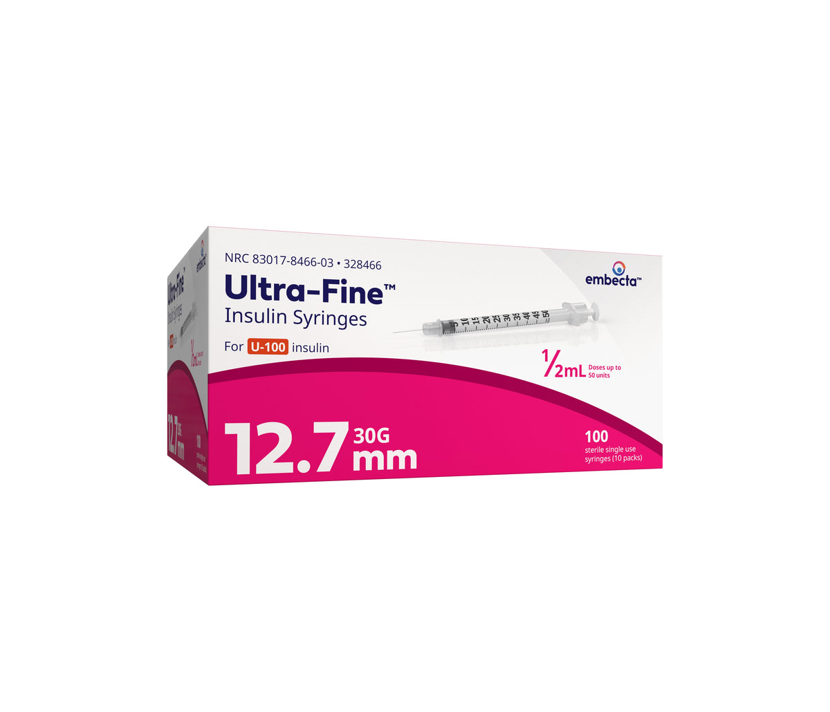 Ultra-Fine U-100 Insulin Syringe with Neede, 30G x 12-7/10mm 1/2cc Volume