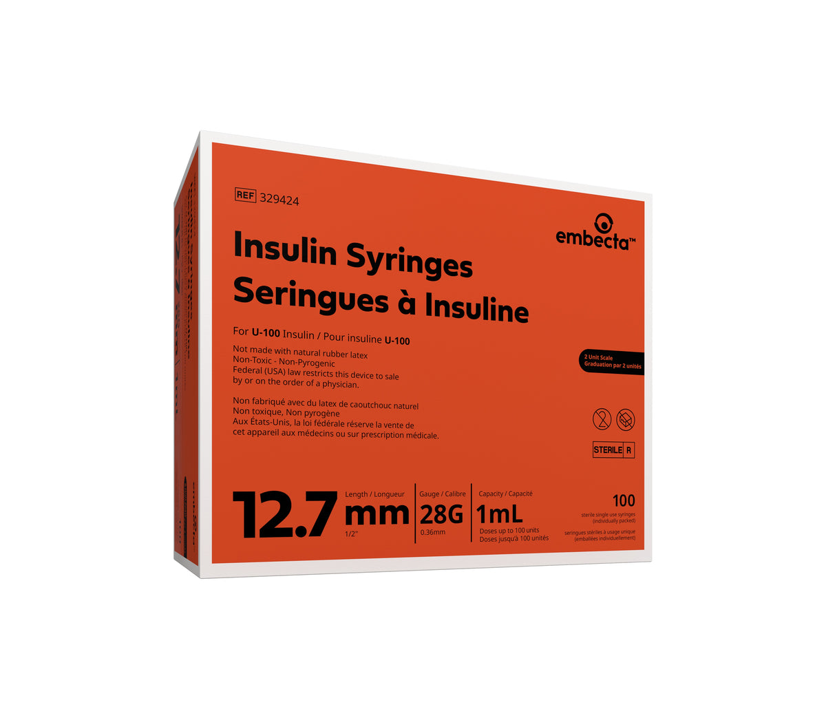 Micro-Fine U-100 Insulin Syringe with Needle, 28G x 1/2" 1cc Volume