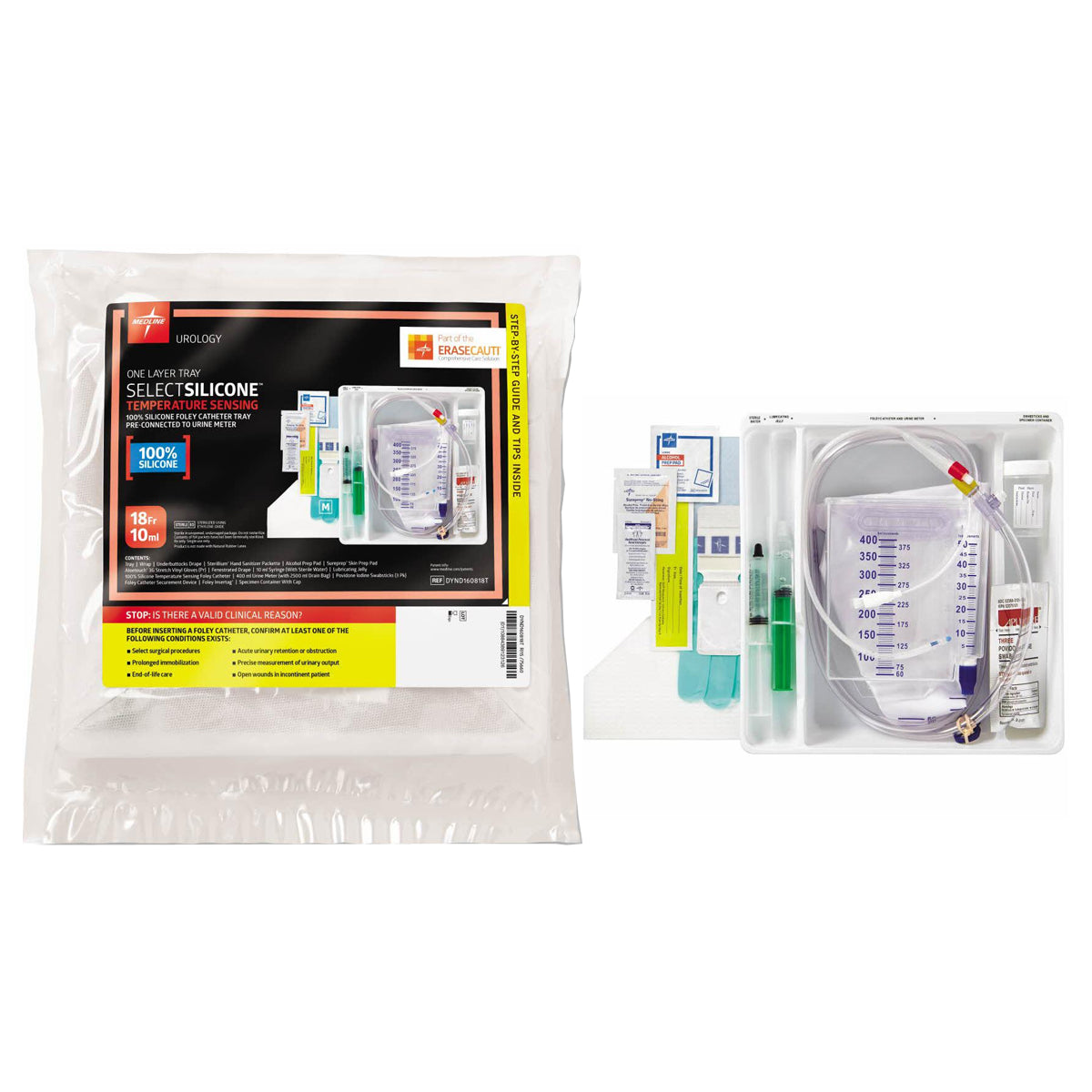 Medline 100% Silicone Foley Catheter Tray, Temperature Sensing, 2-Way, 400mL Urine Meter, 2500mL Drain Bag, Securement Device, Adult, 18Fr OD, 10cc Balloon