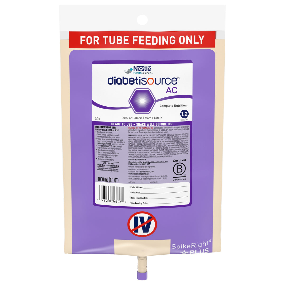 Nestle Healthcare Nutrition Diabetisource Advanced-control Tube Feeding SpikeRight Liquid 1000mL Closed System container, 300kCal, Lactose-free, Gluten-free