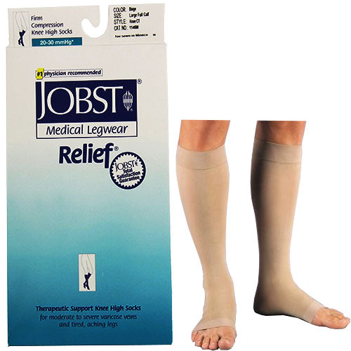 BSN Jobst Relief Compression Stocking, Knee-High, Open Toe, with Silicone Band, 20 to 30 mmHg, Medium, Beige
