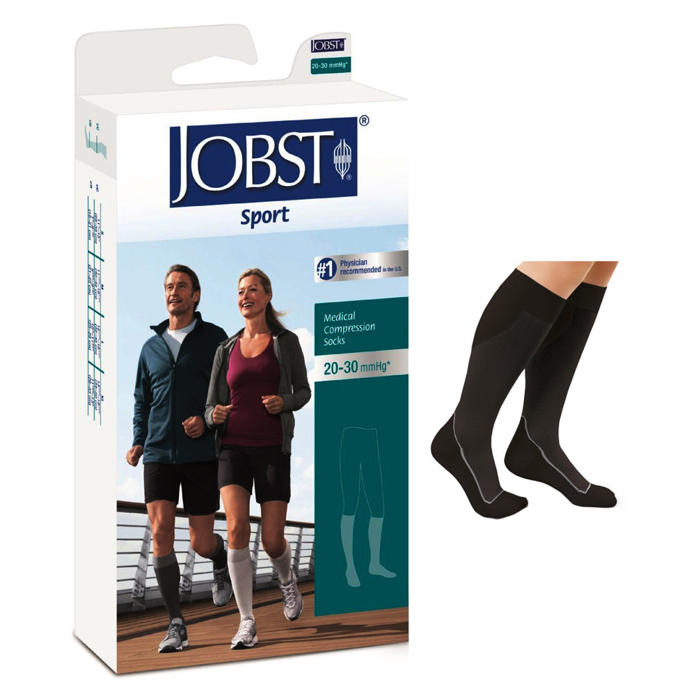 BSN Jobst Sport Compression Socks, Knee-High, 20 to 30 mmHg, Closed Toe, Medium, Cool Black