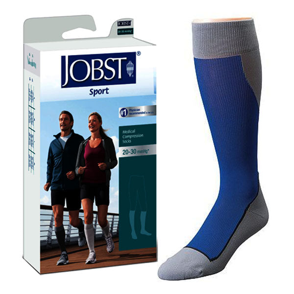 BSN Jobst Sport Compression Socks, Knee-High, 20 to 30mmHg, Closed Toe, Medium, 11-7/8" to 16-1/2" Calf Circumference, Royal Blue/gray