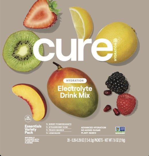 Cure Electrolyte Drink Mix, Variety Pack - Strawberry Kiwi, Peach Mango, Berry Pomegranate, Lemonade, 28 ct