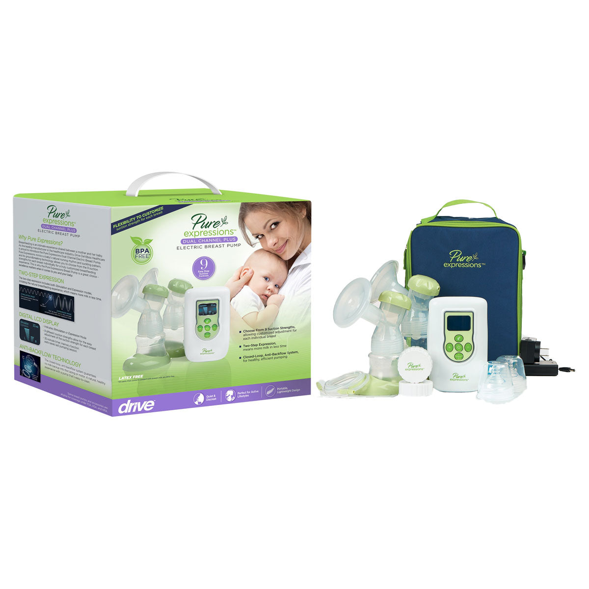 Drive Pure Expressions Dual Channel Electric Breast Pump, with Designer Carry Bag, 4" x 6.25" x 2.75"