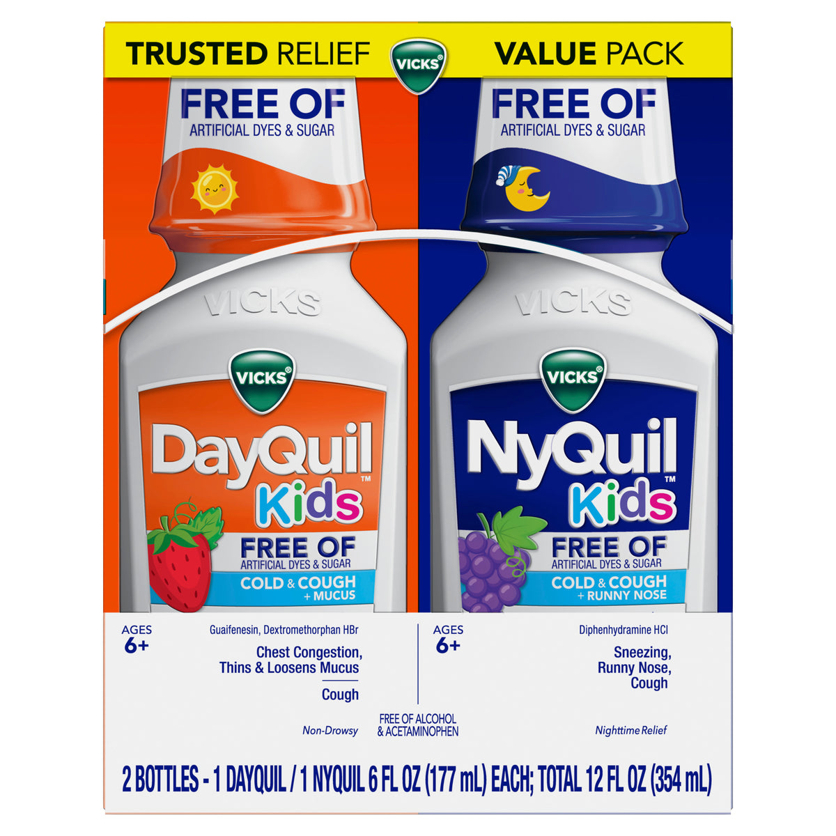 Vicks Kids DayQuil & NyQuil Cold & Cough Multi-Symptom Relief Liquid. Ages 6+, 2x6 oz