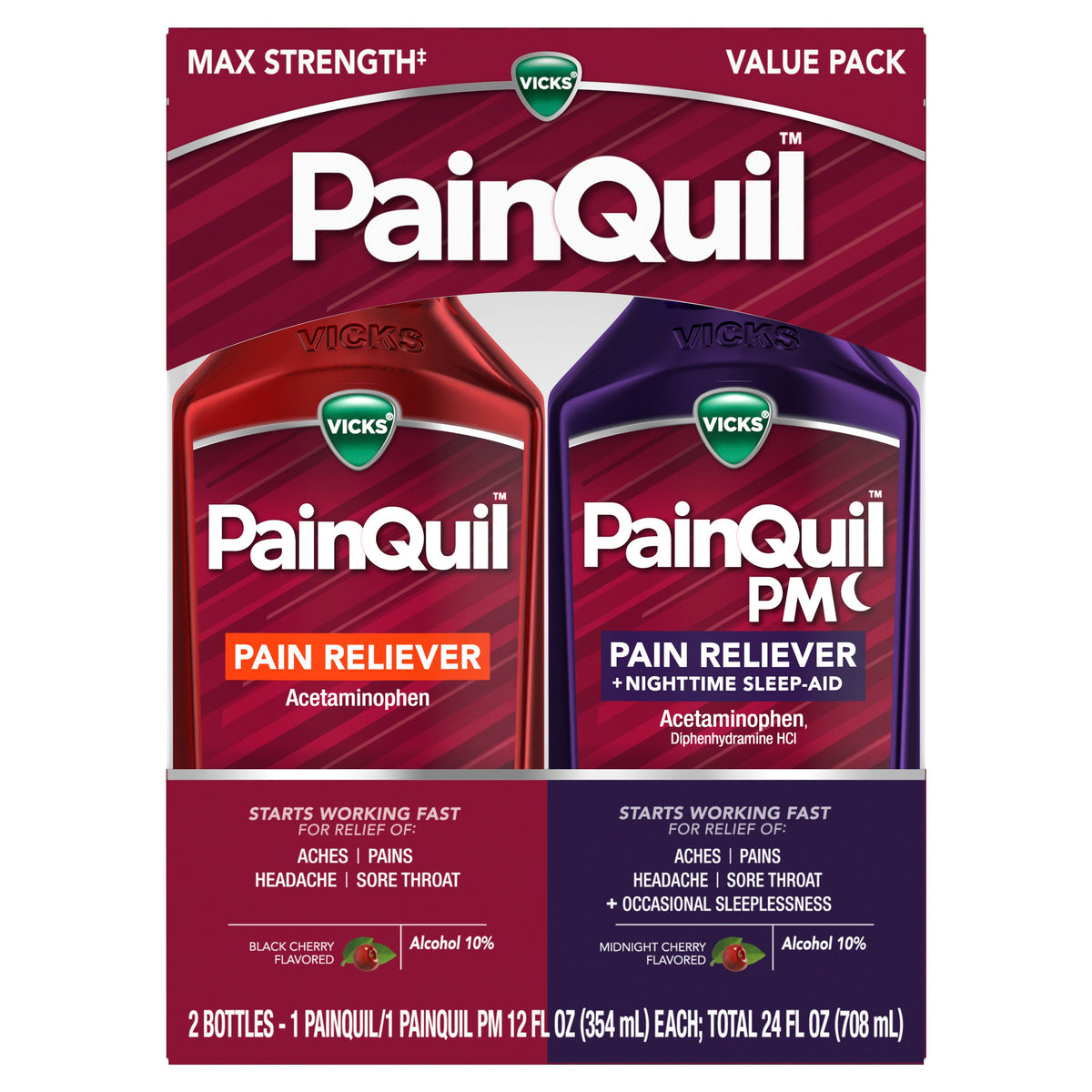 Vicks PainQuil Pain Relief Liquid Acetaminophen, 1000mg, Day/Night Combo, 2x12oz