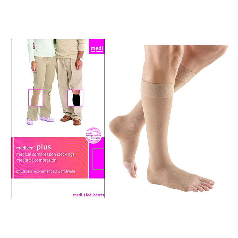 Medi Mediven Plus Compression Stocking, Knee-High, 30 to 40mmHg, Size 7, 15" to 20-1/2" Extra Wide Calf, with Silicone Band, Open Toe, Beige