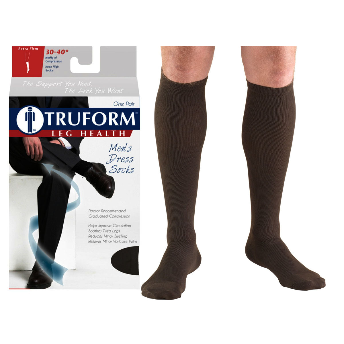 Surgical Appliance Truform Men's Dress Support Socks, Knee High, Closed Toe, 30 to 40mmHg