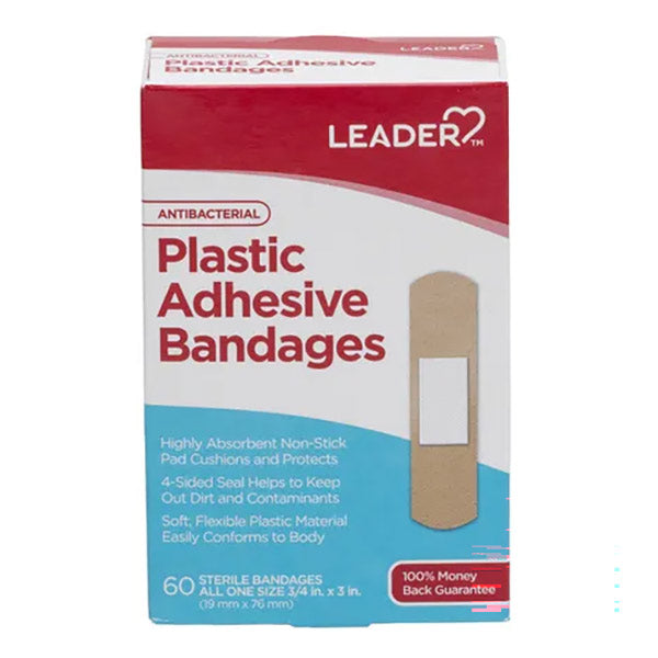 Leader Adhesive Bandages, Plastic, Antibacterial, 0.75 X 3 in., 60 ct