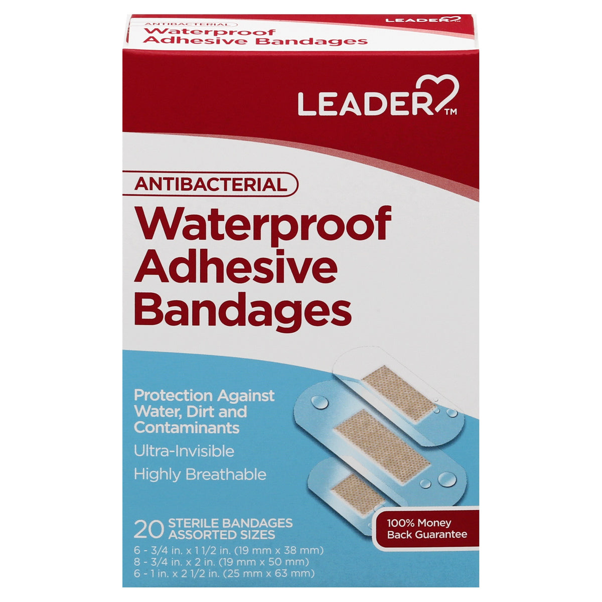 Leader Adhesive Bandages, Waterproof, Antibacterial, Assorted, 20 ct
