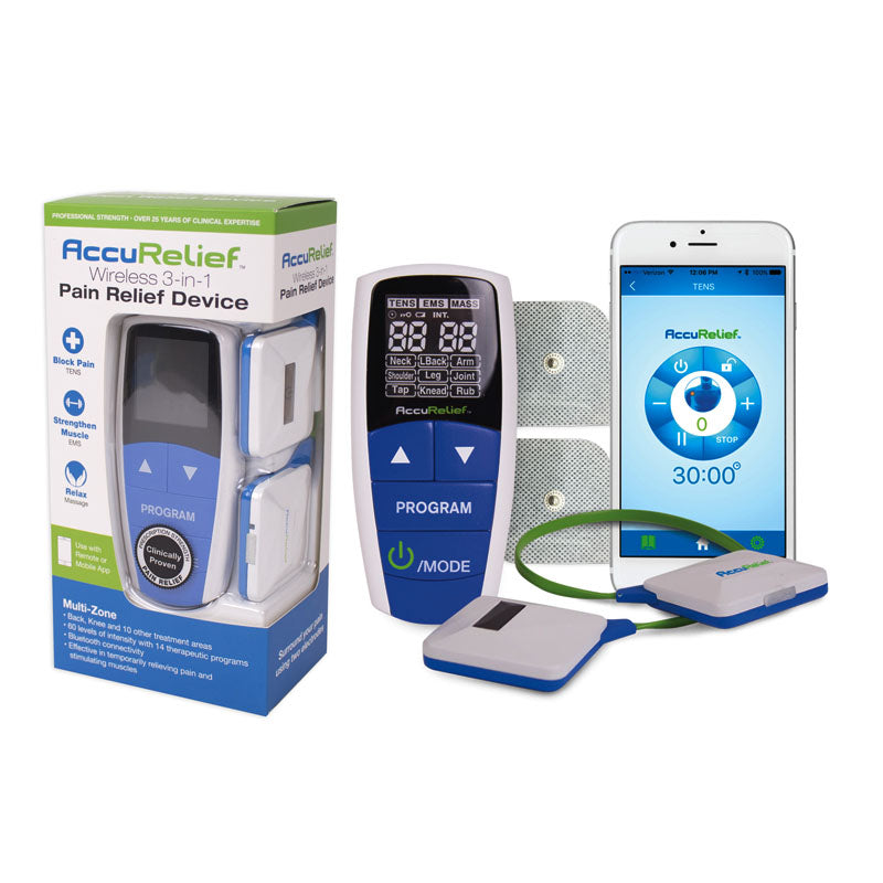 Carex AccuRelief Wireless 3-in-1 Pain Relief TENS Device, Used with Remote and Mobile App, 2.09" x 4.53" Depth 0.96" 0.22 lb