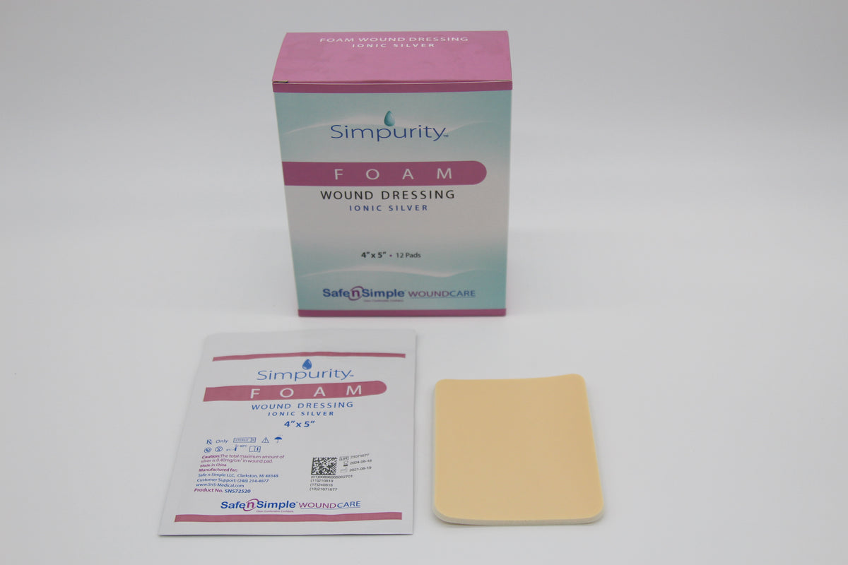 Safe N' Simple Simpurity Foam Wound Dressing, with Ionic Silver, 4" x 5"
