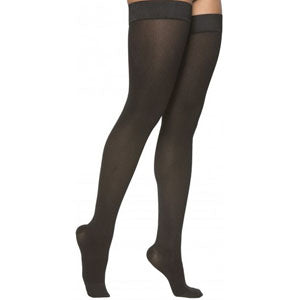 Sigvaris Cotton Ribbed Women's Thigh-High Compression Stockings with Grip Top Medium Long, Black