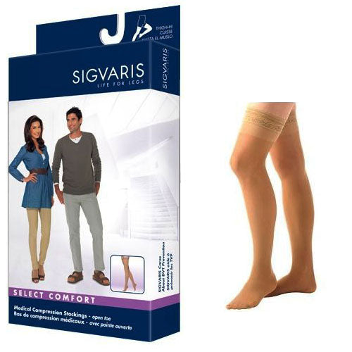 Sigvaris Select Comfort Compression Stocking, Thigh-High, with Grip-Top, Closed Toe, 30 to 40 mmHg, Large Long, Suntan