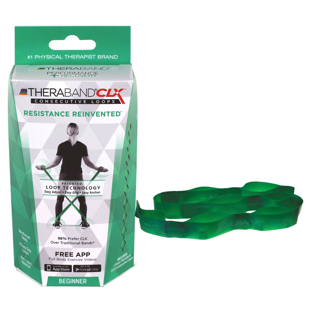 Hygenic TheraBand CLX Exercise Band, with Nine Loops, Pre-Cut, Heavy, Intermediate Level One, Beginner, 5' Green