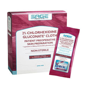 Sage Products 2% Chlorhexidine Gluconate Cloth 7-1/2" x 7-1/2" Rinse-Free, Alcohol-Free