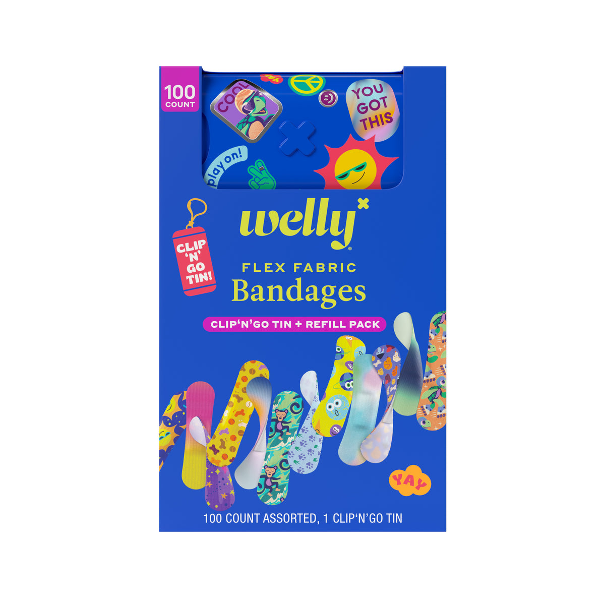 Welly Assorted Flex Fabric Adhesive Bandages, Clip N' Go Tin + Refill Pack, 100 ct